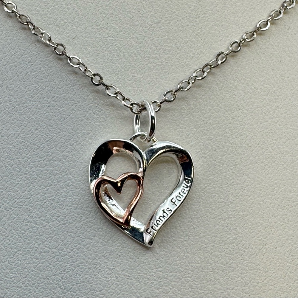 Silver Tone Friends Forever Heart Pendant Necklace Two-Tone Love Gift